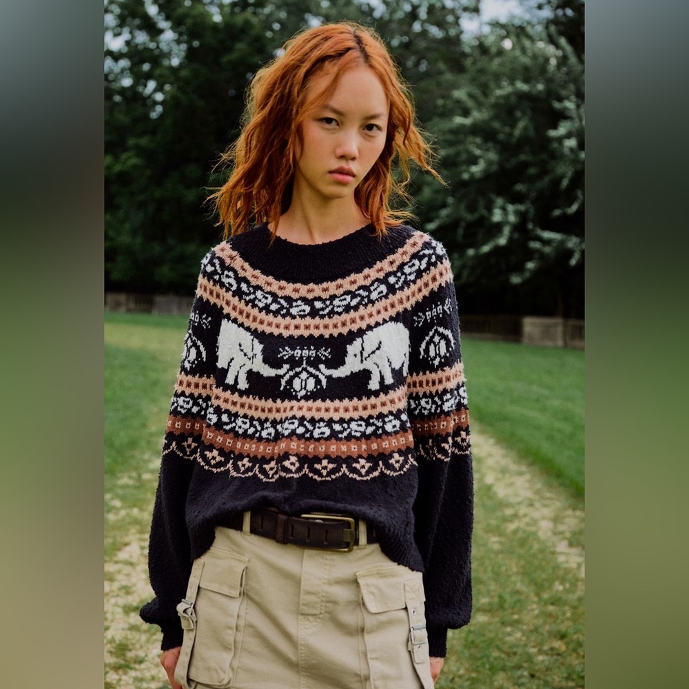 Free People Black and Brown Animal Pattern Sweater